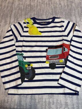 NWOT Mini Boden White Striped Digger Truck Applique Long Sleeve Tee 5-6Y